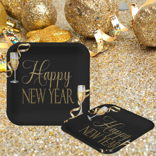 Champagne Black & Gold Silvester Party Pappteller