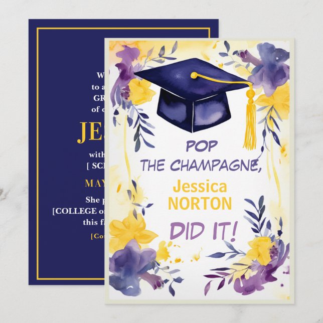 🎓Champagne Blooms Abschlussfeier Einladung (Vorne/Hinten)