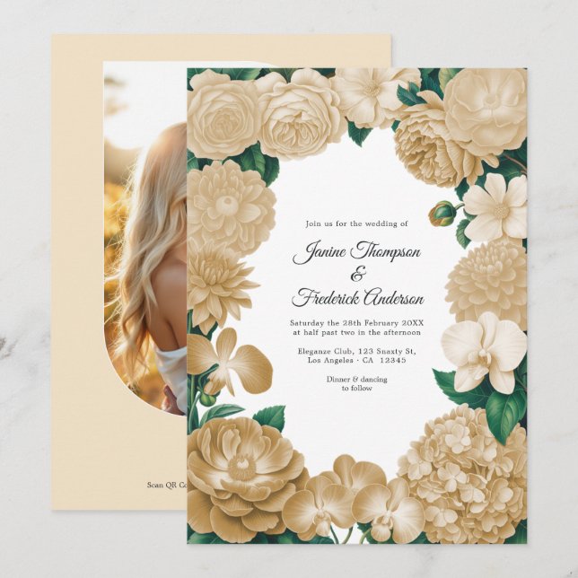 Champagne-Blumen-Foto-und-QR-Code-Hochzeit Einladung (Vorne/Hinten)