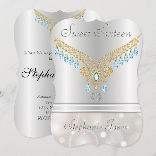 Champagne Bokeh Aquamarine 16 . Geburtstag Einladung (Vorne/Hinten)