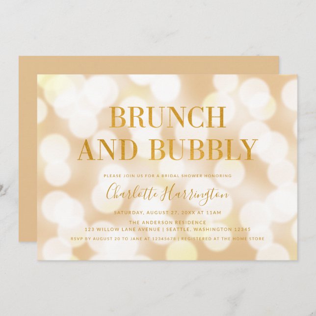 Champagne Bokeh Brunch und Bubbly Brautparty Einladung (Vorne/Hinten)