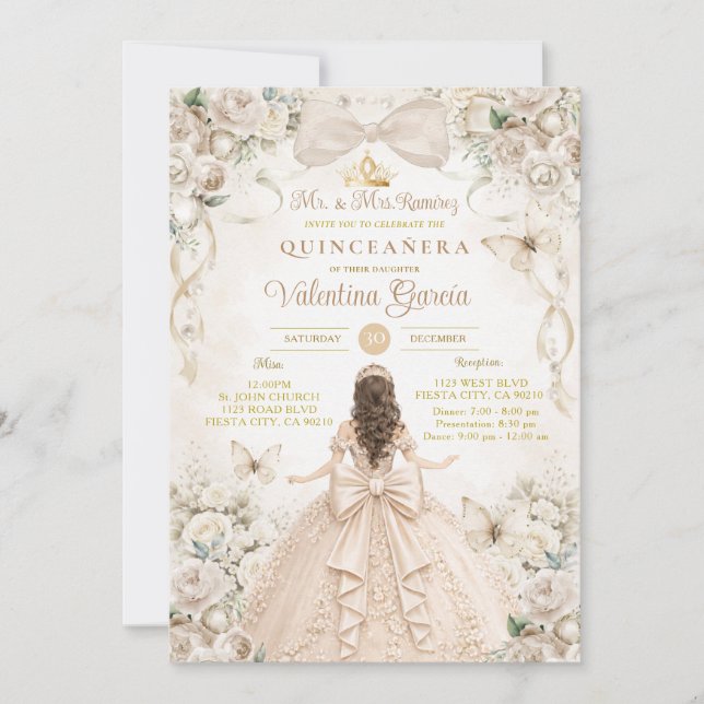 Champagne Bow Floral Quinceañera Princess Einladung (Vorderseite)