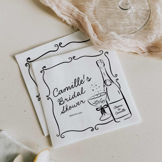 Champagne Brautparty Hand Drawn Serviette (Fun Retro Hand Drawn Bridal shower Napkin)