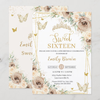 Champagne Brown Floral Butterfells 16 . Geburtstag Einladung