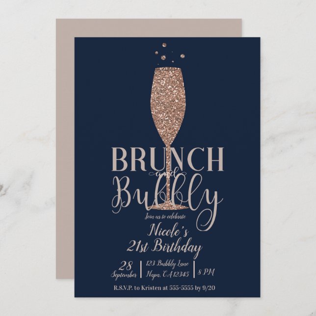 Champagne Brunch Bubbly Rose Gold Navy Geburtstag Einladung (Vorne/Hinten)