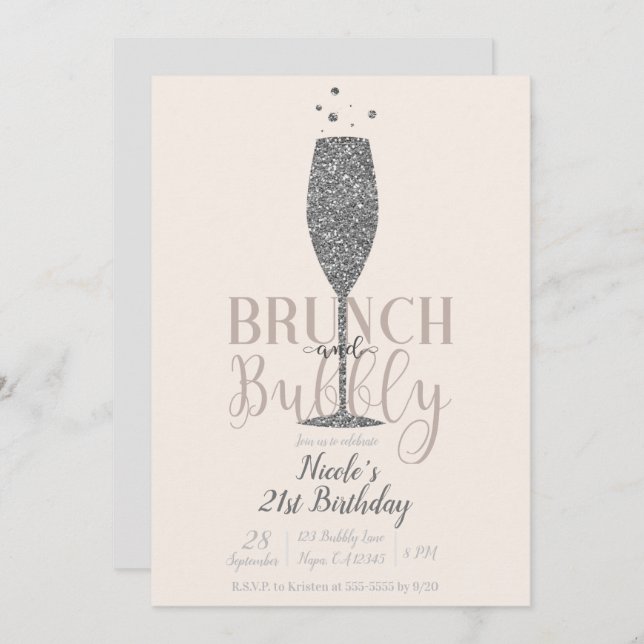 Champagne Brunch & Bubbly Silver Glitzer Geburtsta Einladung (Vorne/Hinten)