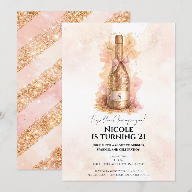 Champagne Bubbly & Gold Glitter 21 21ST Birthday  Einladung (Vorne/Hinten)
