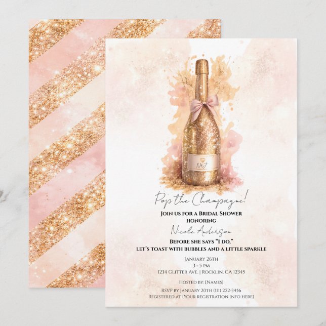 Champagne Bubbly & Gold Glitter Bridal Shower Einladung (Vorne/Hinten)