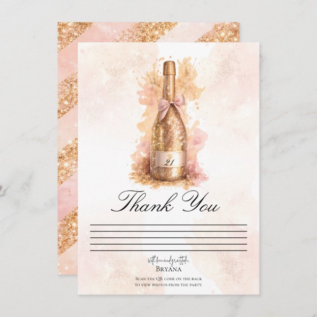 Champagne Bubbly & Gold Glitter Thank You Card Einladung (Vorne/Hinten)
