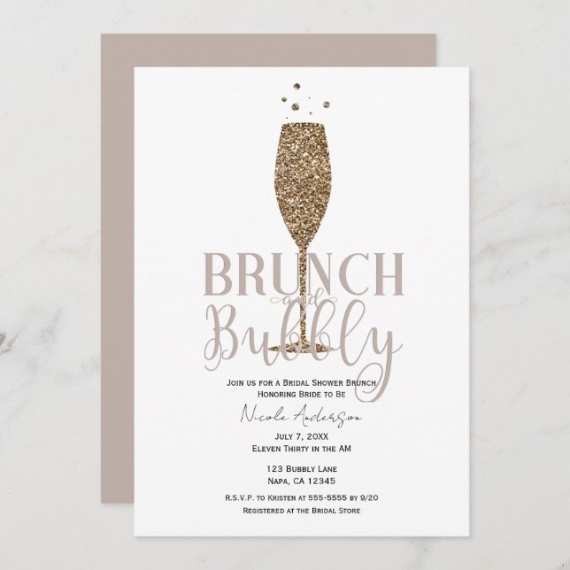 Champagne Bubbly Pink Beige Brautparty Brunch Einladung (Vorne/Hinten)