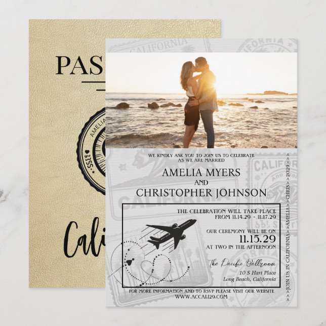 Champagne California Passport Wedding Einladung (Vorne/Hinten)
