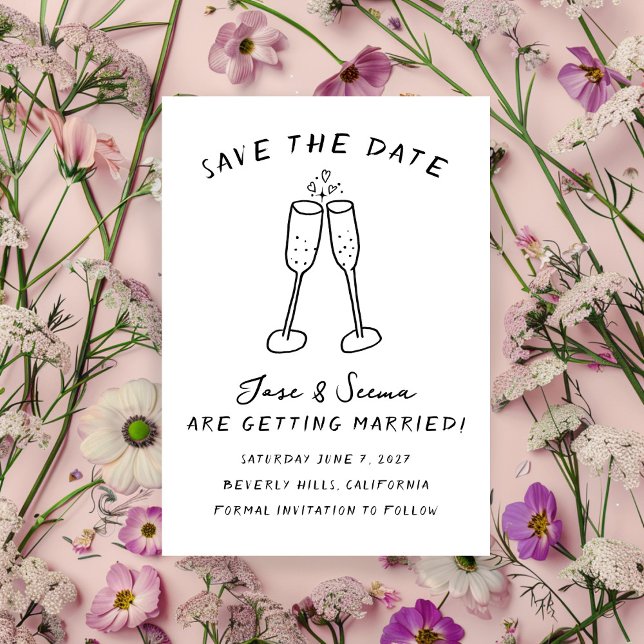 Champagne Cheers Handgezeichnet Niedlich Custom Save The Date (Champagne Cheers Hand Drawn Cute Custom Save The Date Card Digital Download)