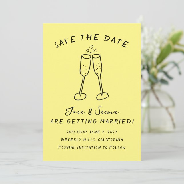 Champagne Cheers Handgezeichnet Niedlich Custom Save The Date (Stehend Vorderseite)