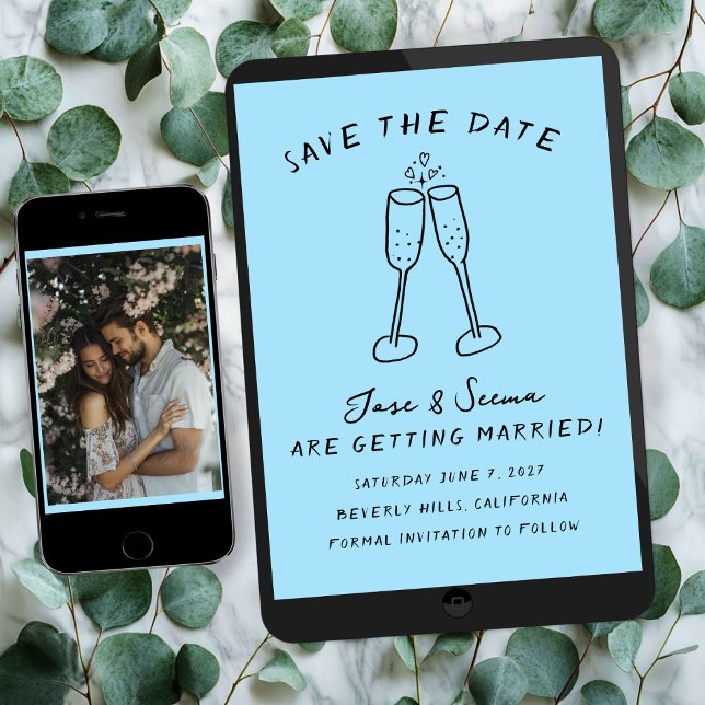 Champagne Cheers Handgezeichnetes FOTO Save The Date (Champagne Cheers Hand Drawn Custom PHOTO Save The Date Digital Download Email
)