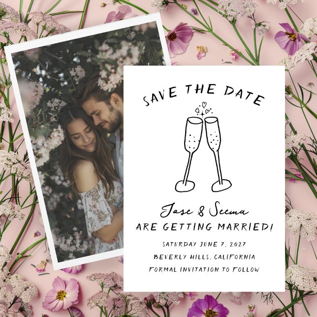 Champagne Cheers Handgezeichnetes FOTO Save The Date (Champagne Cheers Hand Drawn Custom PHOTO Save The Date Card 
)