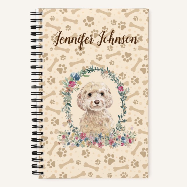 Champagne Cockapoo Dog Paw Print & Floral Niedlich Notizbuch (Vorderseite)