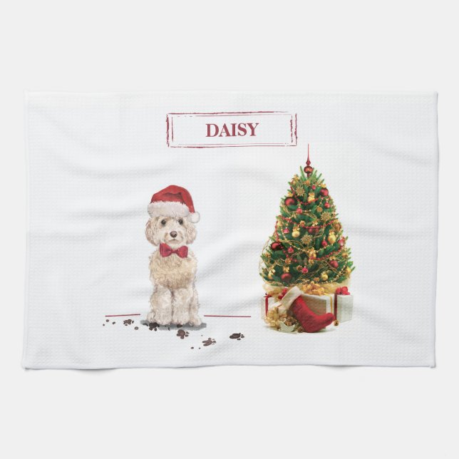 Champagne Cockapoo Funny Christmas Dog mit Tree Geschirrtuch (Horizontal)