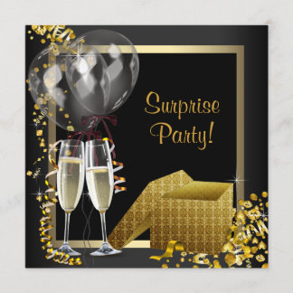 Champagne Confetti Black Gold Überraschung Party Einladung