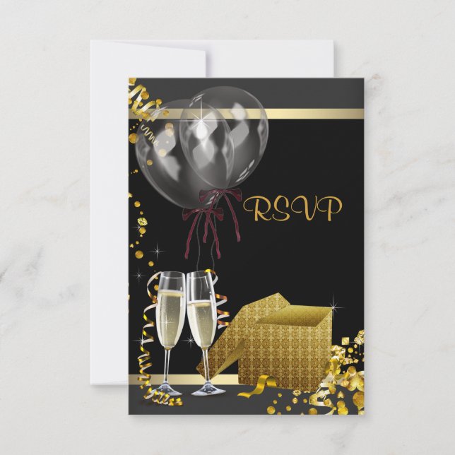 Champagne Confetti Black Gold Überraschung Party U RSVP Karte (Vorderseite)