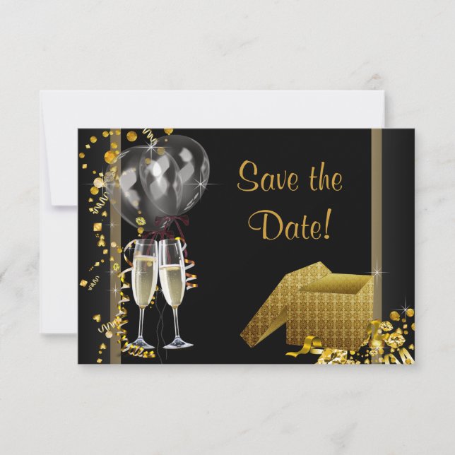 Champagne Confetti Black Save the Date (Vorderseite)