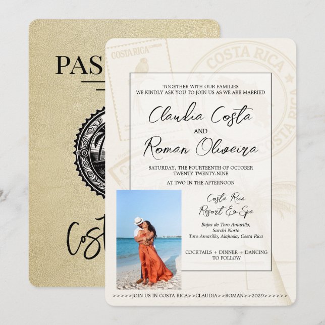 Champagne Costa Rica Pass Einladung Hochzeit (Vorne/Hinten)