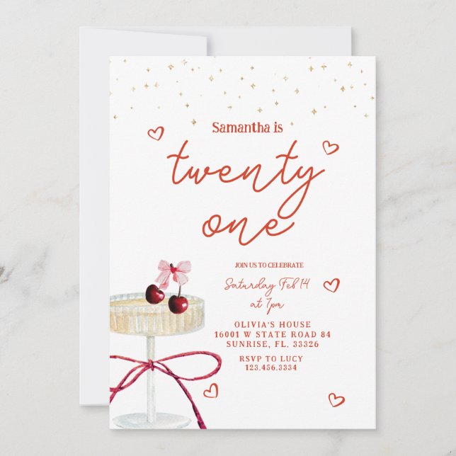Champagne Coupe Cherry Heart Birthday Invitation Einladung (Vorderseite)
