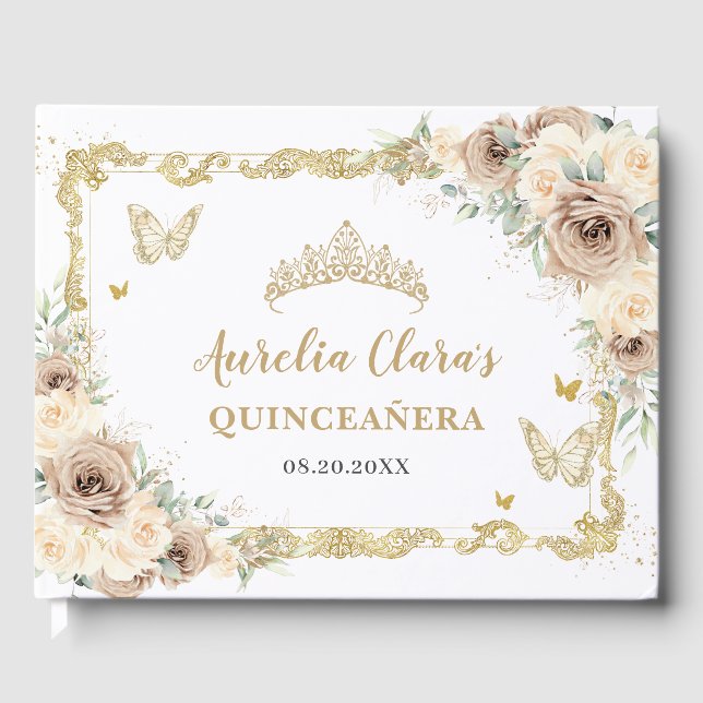 Champagne Cream Floral Butterfells Quinceañera Gästebuch (Vorderseite)