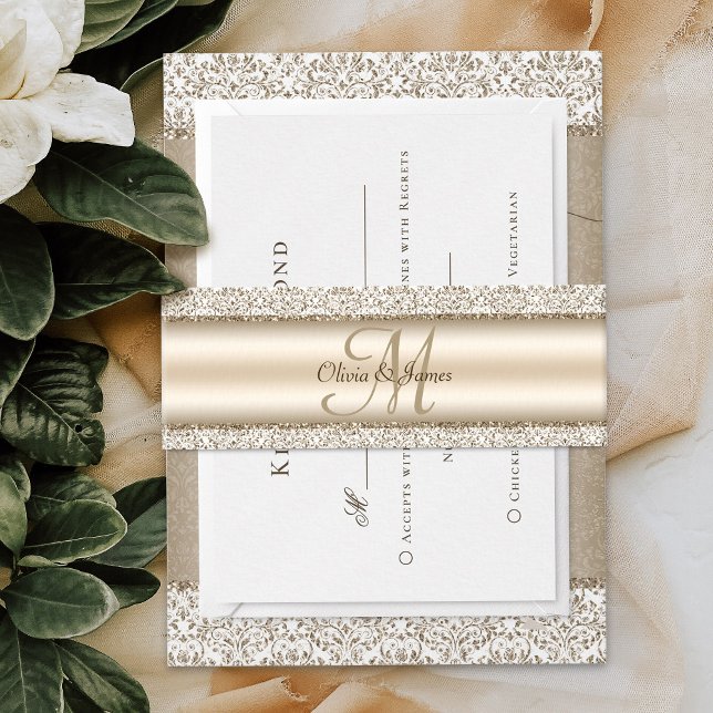 Champagne Damask Glitzer Monogram Wedding Einladungsbanderole (Von Creator hochgeladen)