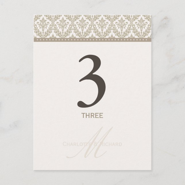 Champagne Damask Monogram Tischnummer Card (Vorderseite)