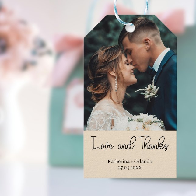 Champagne Elegant Wedding Love and Thanks Photo Geschenkanhänger (Von Creator hochgeladen)