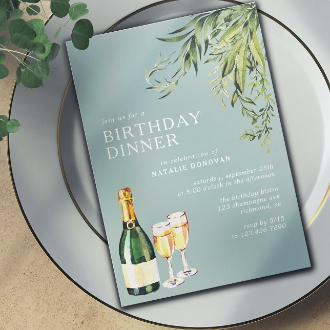 Champagne | Elegantes Pulver Blue Birthday Dinner Einladung (Von Creator hochgeladen)