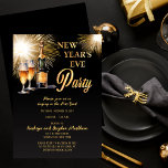 Champagne Fireworks Black Gold Silvester Party Einladung<br><div class="desc">Moderne Champagnerflasche mit Gläsern und Feuerwerk in Schwarz und Gold "Silvester Party" Design.</div>