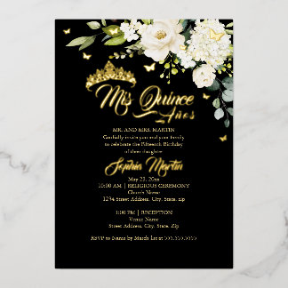 Champagne Floral Black Gold Mis Quince Quinceanera Folieneinladung