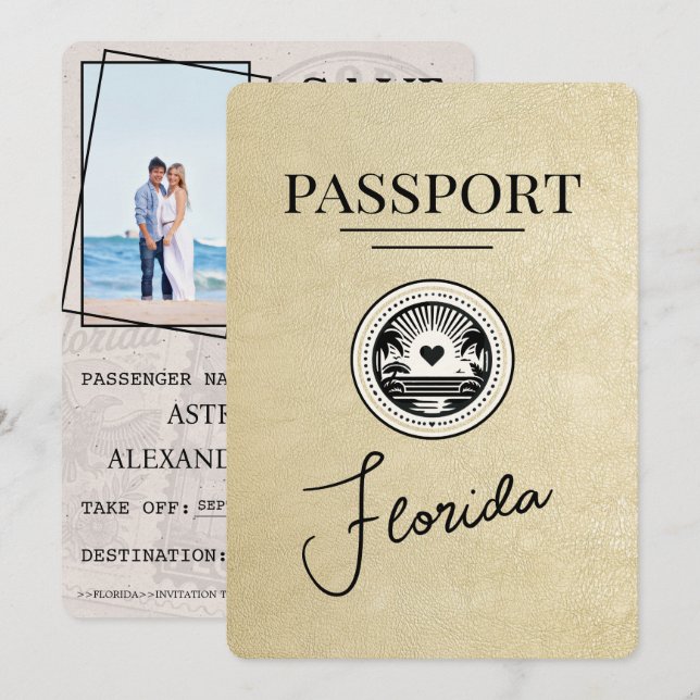 Champagne Florida Passport Save the Date (Vorne/Hinten)