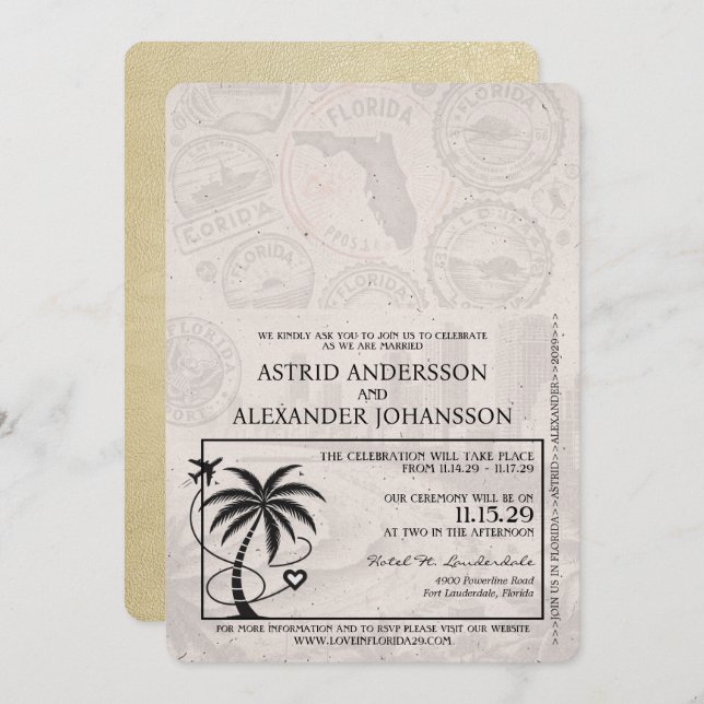 Champagne Florida Passport Wedding Einladung (Vorne/Hinten)