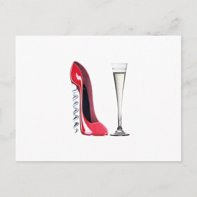 Champagne Flute Glass und Corkschraube Stiletto Sh Postkarte (Vorderseite)