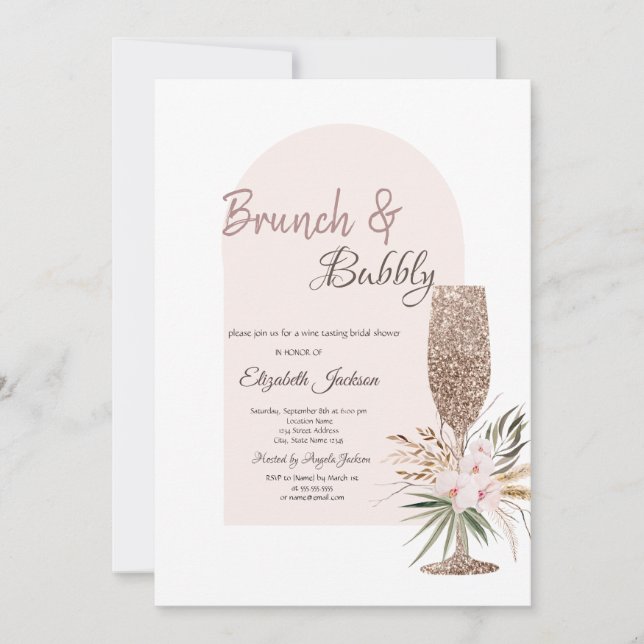 Champagne Glass Boho Blume Brunch & Bubbly Einladung (Vorderseite)