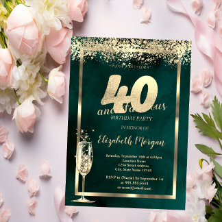 Champagne Glass Gold Confetti Green 40. Geburtstag Einladung