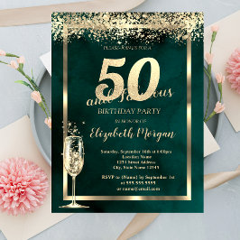 Champagne Glass Gold Confetti Green 50. Geburtstag Einladung