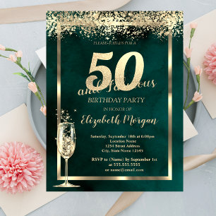 Champagne Glass Gold Confetti Green 50. Geburtstag Einladung