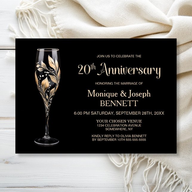 Champagne Glass Gold Leaf 20th Wedding Anniversary Einladung (Von Creator hochgeladen)