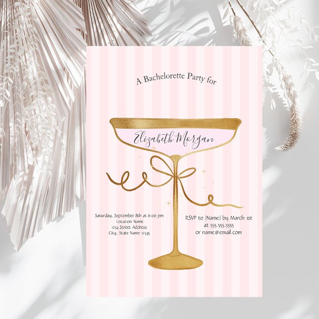 Champagne Glass Pink Stripes Bachelorette Einladung (Von Creator hochgeladen)