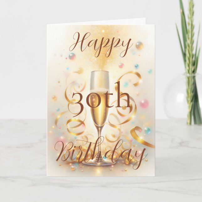 Champagne Glass with Gold Streamers Birthday Karte (Vorderseite)