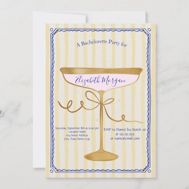 Champagne Glass Yellow Stripes Bachelorette Einladung (Vorderseite)