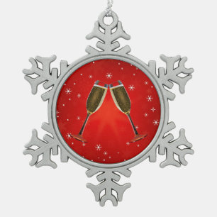 Champagne Glasses Celebration Gold auf Red Schneeflocken Zinn-Ornament