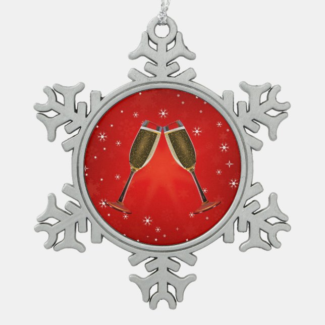 Champagne Glasses Celebration Gold auf Red Schneeflocken Zinn-Ornament (Vorderseite)