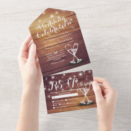 Champagne Glasses Rustic Wood String Light Wedding All In One Einladung