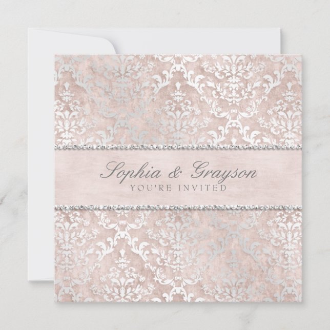 Champagne Glimmer Damask Wedite Invite Einladung (Vorderseite)
