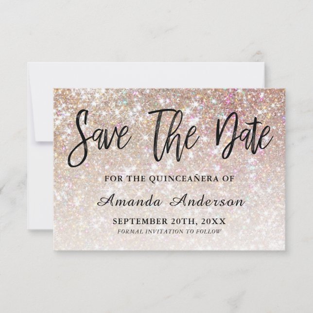 Champagne Glitzer Brush Script Quinceanera Save The Date (Vorderseite)
