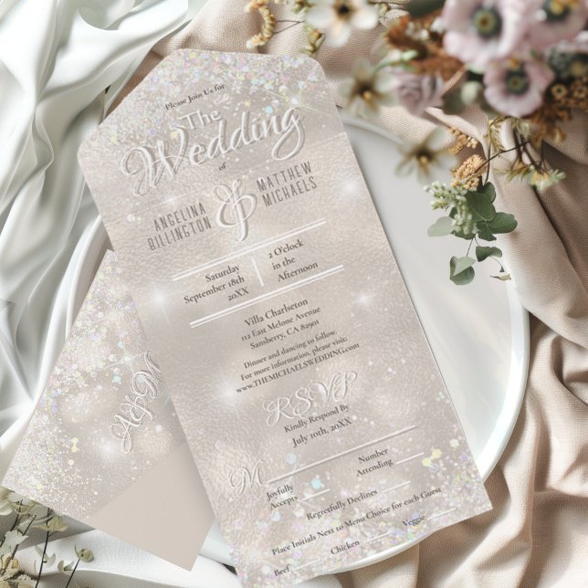 Champagne Glitzer Confetti Elegant Wedding All In One Einladung (Elegant Champagne Glitter Confetti Wedding All In One Invitation)